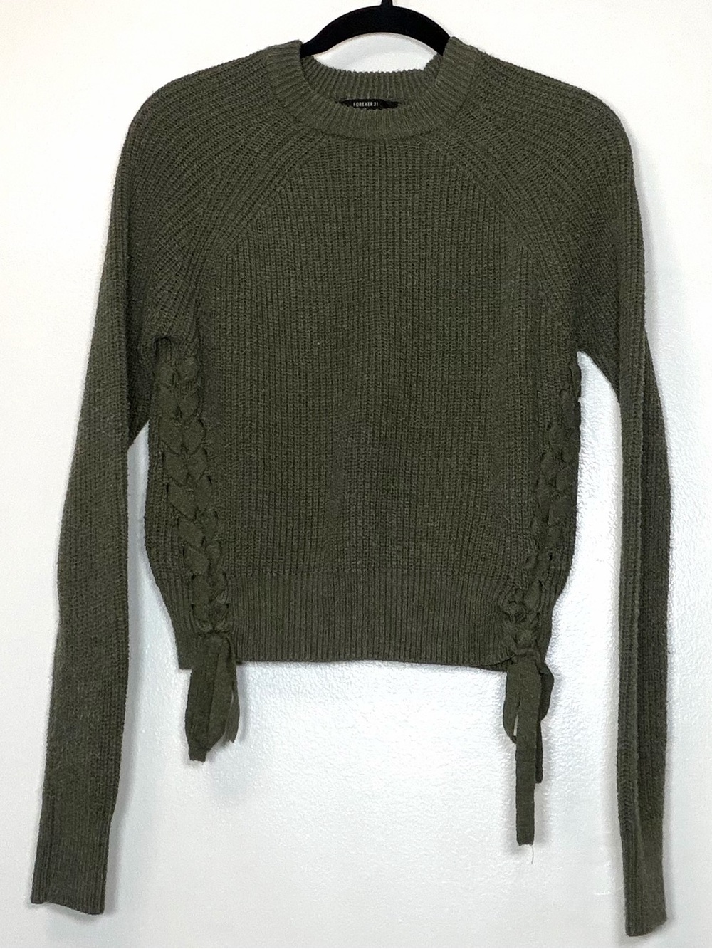 Forever 21 Olive Crewneck Sweater with Side Braid Ties